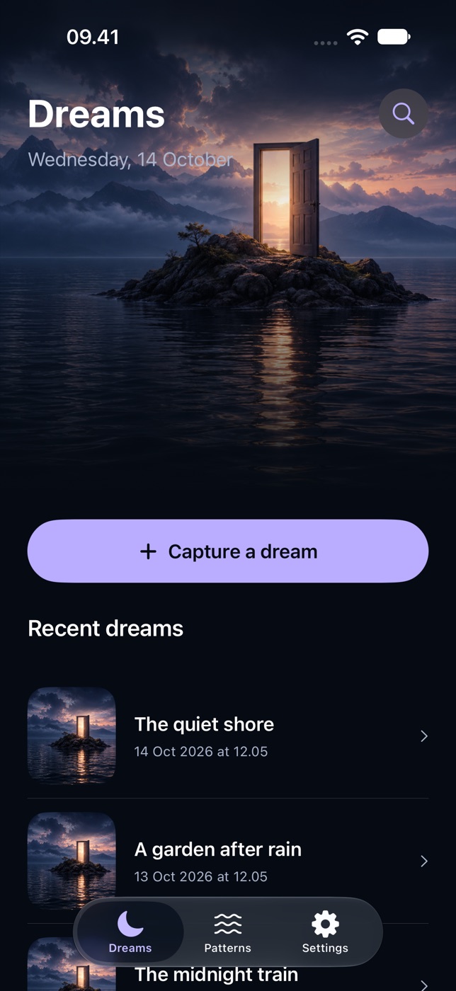 Dreamnotes journal showing sample dreams beside ocean artwork