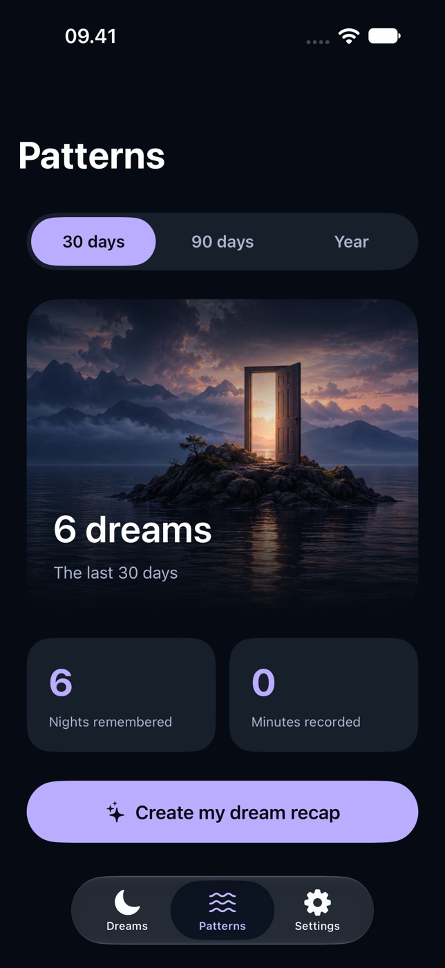 Patterns screen with a 30-day overview of six sample dreams